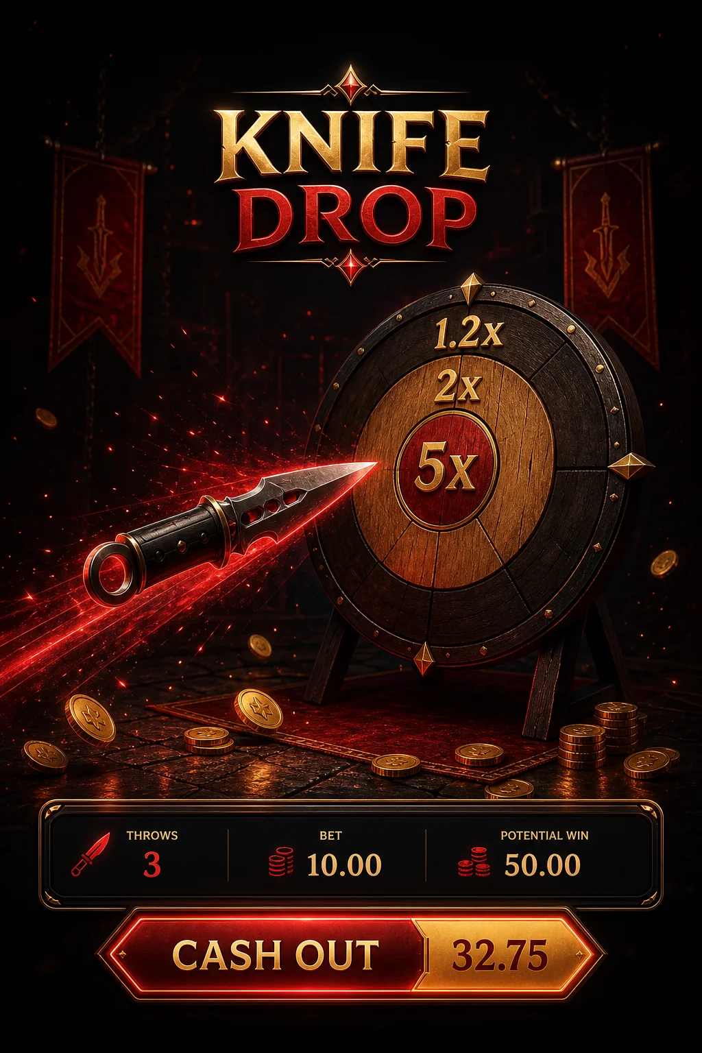 Knife Drop screenshot - knife on target board with multiplier x3.24 and cash-out button